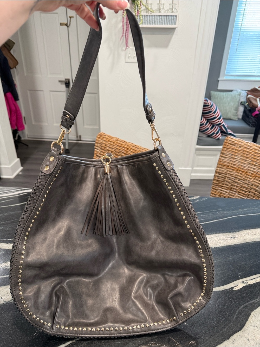 Black Leather Tassel Hobo Bag